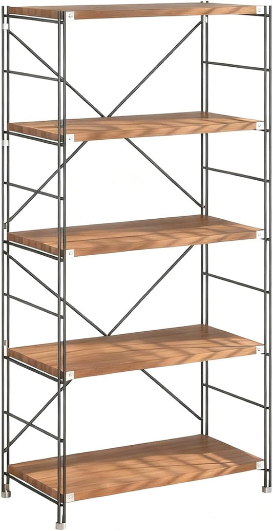 5 Tier Bookshelf, Book Shelf 67/59Inch, Tall Bookcase, Industrial Bookshelves, w/Metal X-shaped support, Adjustable Shelves, Metal Fram, for Living Room,kitchen (walnut, H 66.93×W31.5×L 15.75 IN)