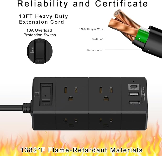 10Ft Extension Cord Flat Plug Power Strip - Tcstei 3-Side Outlet Extender with 6 AC Outlets and 3 USB Ports (1 USB C), Compact for Home, Office, Dorm Room Essentials, Black