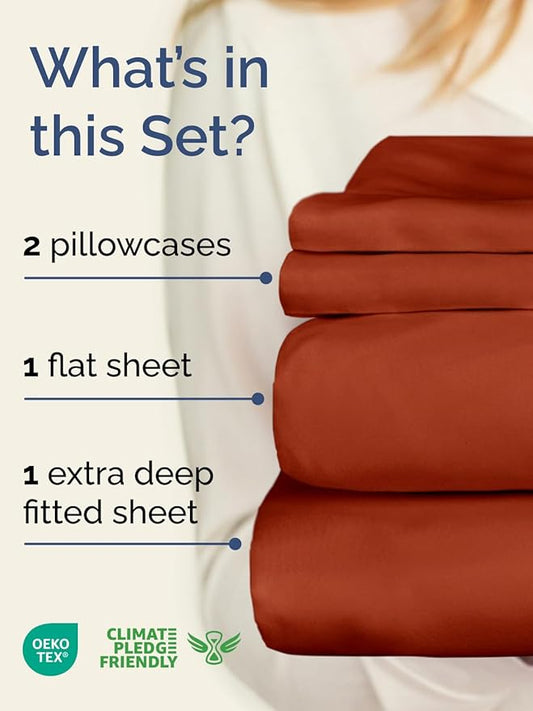 Extra Deep Pocket Full Sheets - 4 Piece Breathable & Cooling Bed Sheets - Hotel Luxury Bed Sheet Set - Soft, Wrinkle Free & Comfy - Easily Fits Extra Deep Mattresses - Deep Pocket Terracotta Sheets