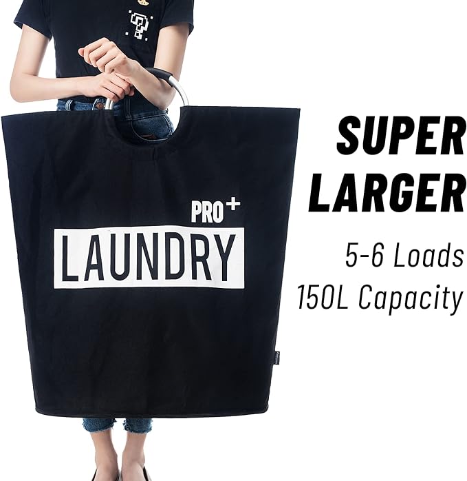 Caroeas Super Large 150L Laundry Basket Pro, Waterproof Laundry Hamper, Collapsible Laundry Basket Easy Storage, Clothes Hamper Stands Up Well, Laundry Bag with Padded Handles (Black)