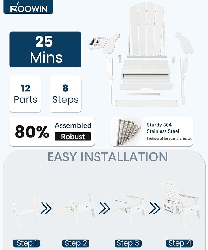 FOOWIN Folding Adjustable Adirondack Chair with Retractable Ottoman Set of 2,HDPE Adirondack Chair w/4 in 1 Cup Holder Trays,All-Weather Resistant Fire Pit Chair for Outdoor Patio Lawn, White