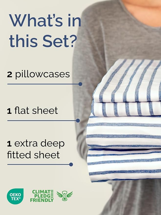 Extra Deep Pocket Queen Sheet Set - 4 Piece Breathable & Cooling Bed Sheets - Hotel Luxury Sheet Set - Ultra Soft, Wrinkle Free & Comfy - Fits Extra Deep Mattresses - Deep Pocket Blue Stripes 2 Sheets