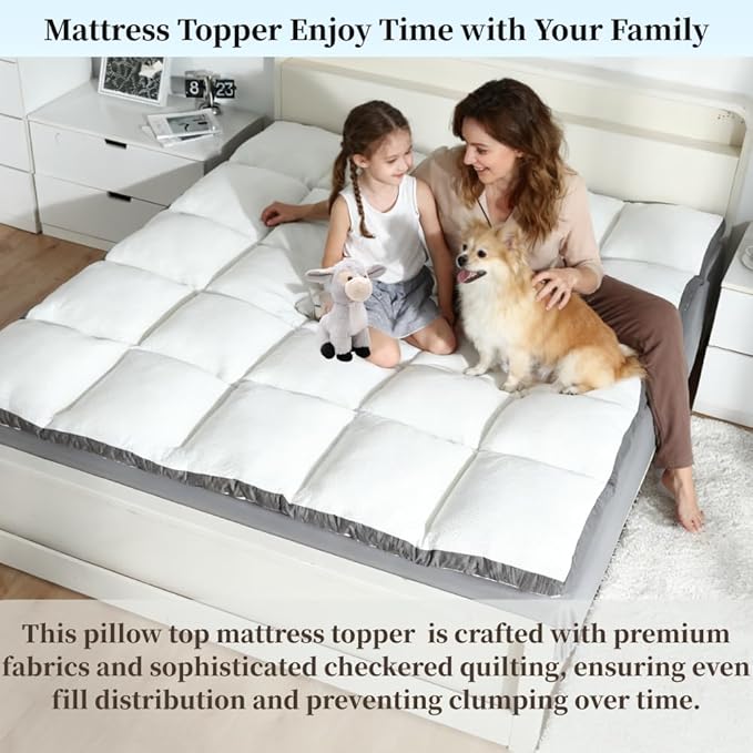 Queen Mattress Topper - Pillow Top Mattress Topper Queen Size Bed, Extra Thick Soft Plush Bed Topper for Back Pain Relief, White，Oeko-TEX Certified - 2000GSM
