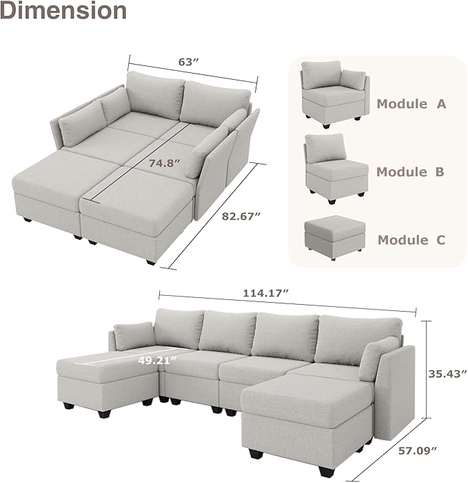 114.17" Modular Sectional Sofa, 6 Seat Modular Couch with Storage, Memory Foam, Convertible Sectional Couches for Living Room, U Shaped Comfy Modular Sofa with Chaise, Light Grey