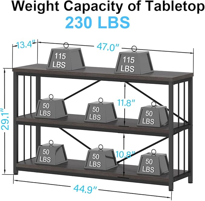 IBF Short Wide Horizontal Bookshelf, Industrial office Low 3 Tier Book shelf, Rustic Wide Vintage open Bookcase with Storage, Modern Grey Etagere for Home Office Living Room Bedroom, Gray Oak, 47 Inch