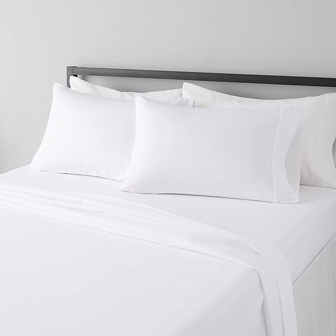 Amazon Basics 4 Piece Microfiber Lightweight Wrinkle-free Breathable Bed Sheet Set, Super Soft Easy Care, 14" Deep Pockets, Queen, Bright White, Solid AmazonBasics