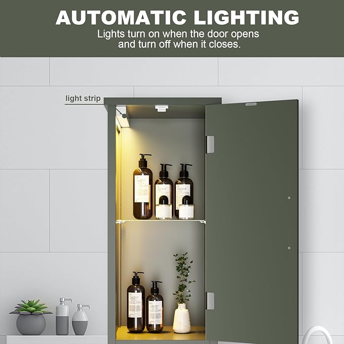 67" Tall Bathroom Storage Cabinet with Lights, Slim Narrow Bathroom Cabinet Organizer with Doors and Adjustable Shelves, Tall Cabinet for Small Space (66.9" Tall-Green with Light, 1 Pack)