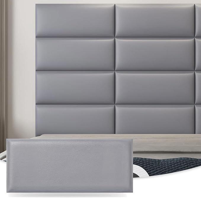 Art3d Peel and Stick Headboard for King, Full and Queen in Grey, Pack of 12 Wall Panels 3D Sized 9.84" x 23.62", Soundproof, Upholstered