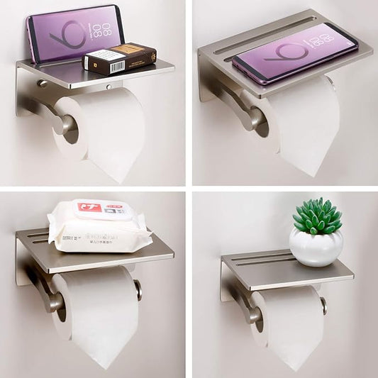 Toilet Paper Holder with Shelf and 2 Towel Hooks - Self Adhesive Toilet Paper Storage - Tissue Roll Holder with Phone Shelf - Wall Mount Toilet Roll Bathroom Organizer - Brushed Nickel