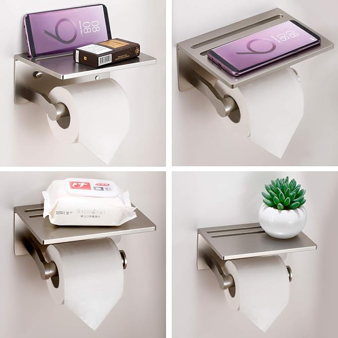 Toilet Paper Holder with Shelf, Aluminum Tissue Roll Holder with Mobile Phone Storage Shelf for Modern Bathroom, 3M Self Adhesive No Drilling or Wall-Mounted with Screws, Brushed Nickel