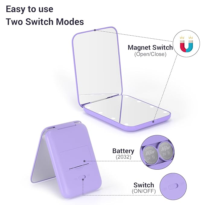Kintion Pocket Mirror, 1X/3X Magnification LED Compact Travel Makeup Mirror with Light for Purse, 2-Sided, Portable, Folding, Handheld, Small Lighted Mirror for Gift, Purple