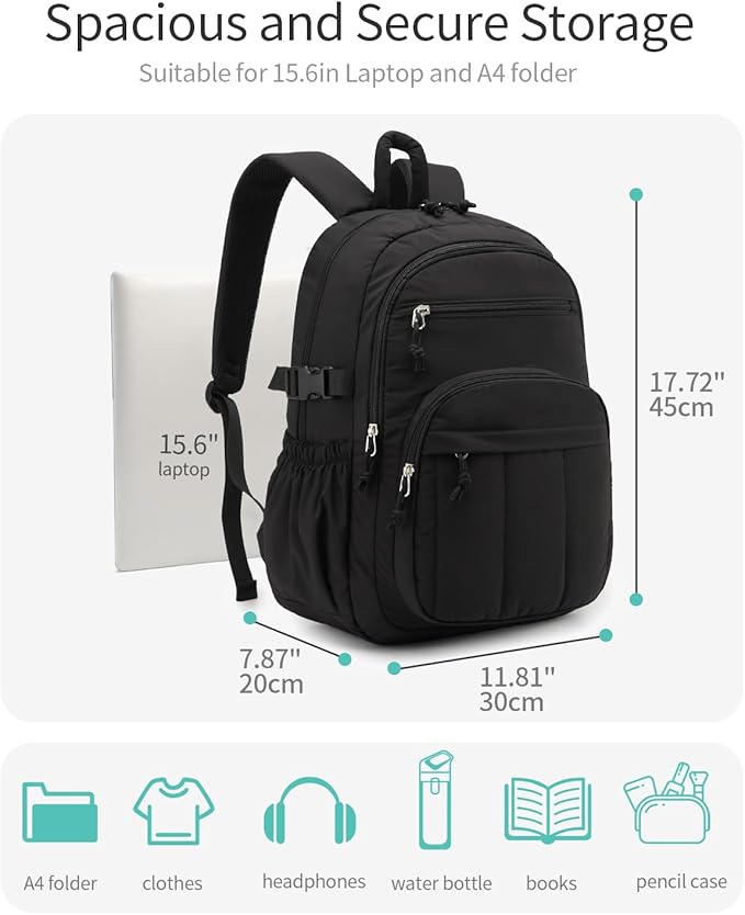 Backpack for Women, Quilted Laptop Bookbag with Pouch Pockets for College Work Travel Gym Teacher Nurses, Puffer High School Backpack for Girls, Black