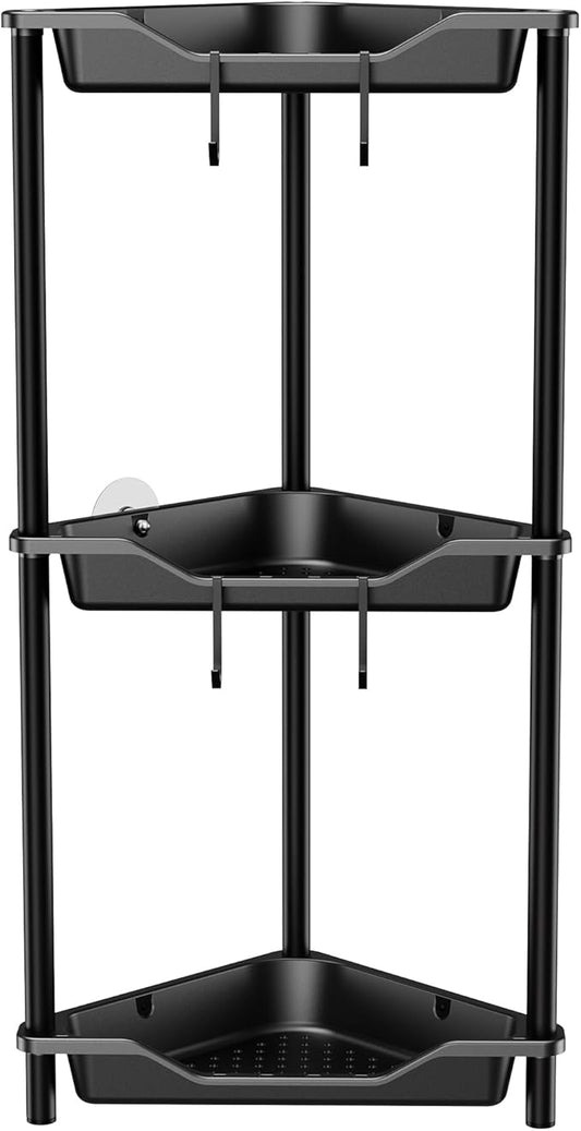 Orimade Rustproof 3 Tier Floor Standing Corner Shower Caddy Organizer, Plastic Metal Splicing Floor Corner Shelf Rack Stands for Bathroom, Black