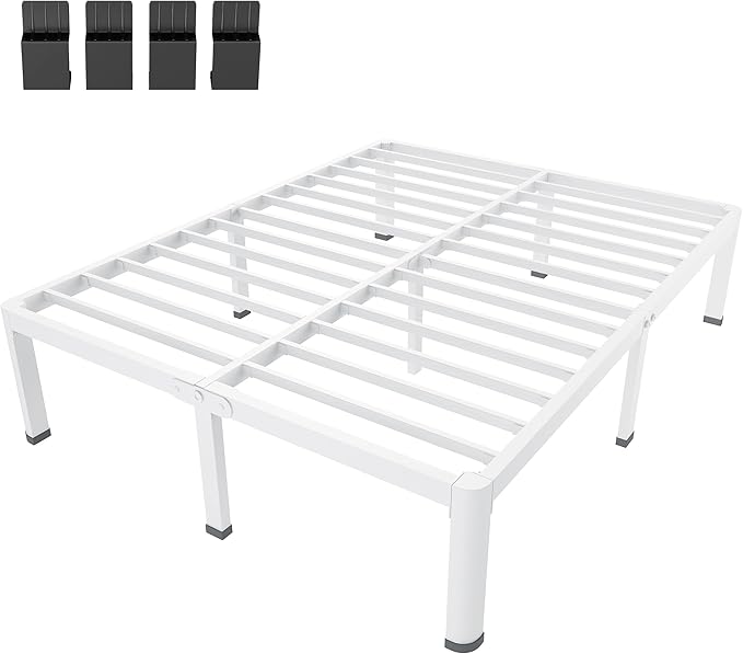 MAF 16 Inch King Size Bed Frame White with Round Corner Legs Mattress Slide Stopper No Box Spring Needed Heavy Duty Metal Platform Bed Frames Under-Bed Storage Space, 3000 LBS Steel Slats Support