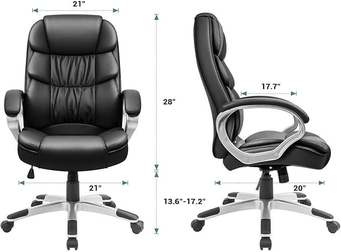 GUNJI Office Chair PU Leather High Back Executive Chair Ergonomic Computer Chair, Modern Adjustable Home Desk Chair Swivel Managerial Chair with Padded Armrests and Lumbar Support (Black)