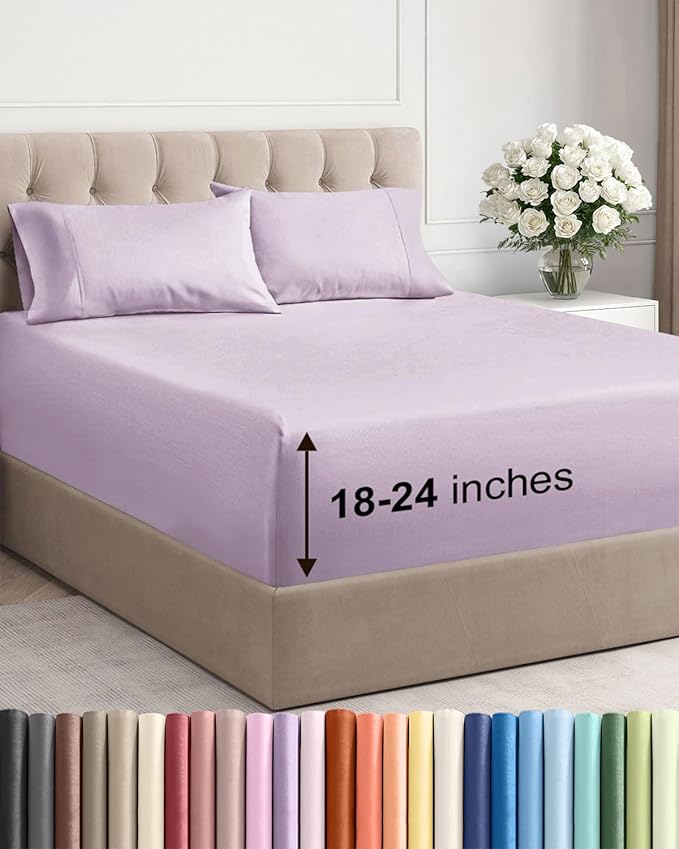 Extra Deep Pocket Full Sheets - 4 Piece Breathable & Cooling Bed Sheets - Hotel Luxury Sheet Set - Soft, Wrinkle Free & Comfy - Easily Fits Extra Deep Mattresses - Deep Pocket Light Lavender Sheets