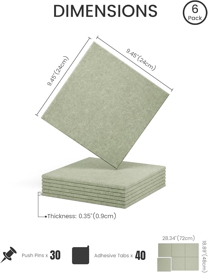Felt Bulletin Board Tiles -28"x18" Cork Board Alternative for Office Decor, Push Pin Board Wall Organizer 6-Pack - Sage