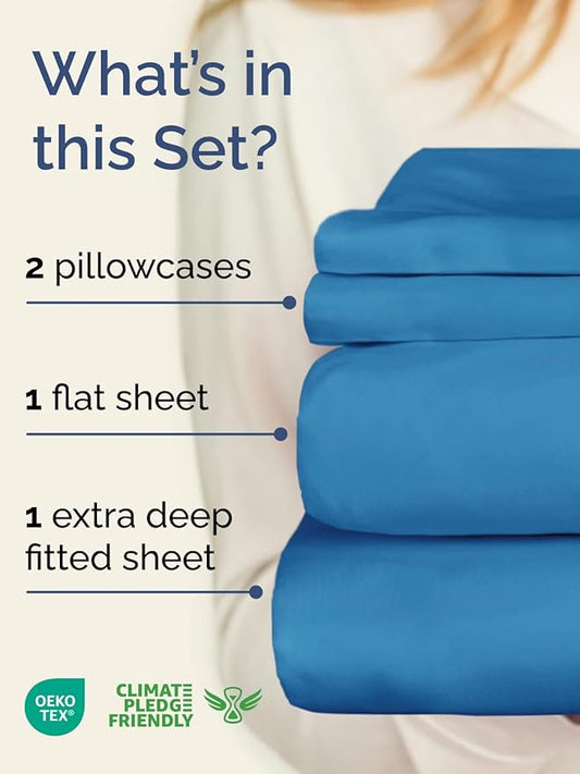 Extra Deep Pocket Queen Sheet Set - 4 Piece Breathable & Cooling Bed Sheets - Hotel Luxury Sheet Set - Soft, Wrinkle Free & Comfy - Easily Fits Extra Deep Mattresses - Deep Pocket Denim Blue Sheets