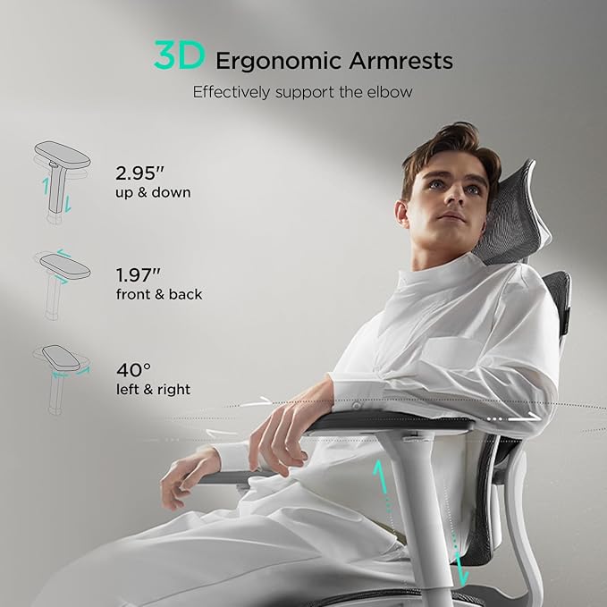 Hbada E2 Ergonomic Office Chair, Big and Tall Mesh Office Chair with 6-Way Dynamic Lumbar Support, 3D Adjustable Armrests, 3D Adjustable Headrest, High Back for Gaming Chair, White(No Footrest)