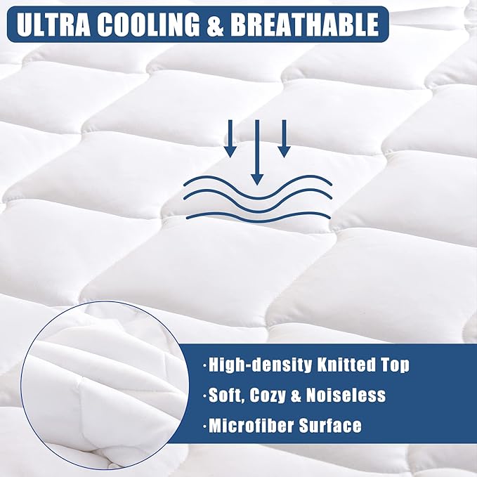 Cal King Size Quilted Fitted Mattress Pad, Waterproof Breathable Cooling Mattress Protector, Stretches up to 21 Inches Deep Pocket Hollow Cotton Alternative Filling Noiseless Mattress Cover