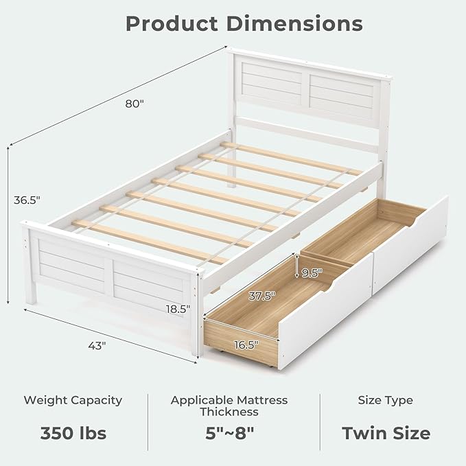Giantex Wood Twin Bed with 2 Storage Drawers, Solid Wood Platform Bed with Headboard, Wooden Slats Support Mattress Foundation, No Spring Needed, Twin Bed Frame for Kids, Teens, Adults, White