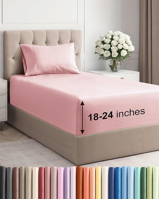 Extra Deep Pocket Twin Sheets - 3 Piece Breathable & Cooling Bed Sheets - Hotel Luxury Bed Sheet Set - Soft, Wrinkle Free & Comfy - Easily Fits Extra Deep Mattresses - Deep Pocket Baby Pink Sheets Set