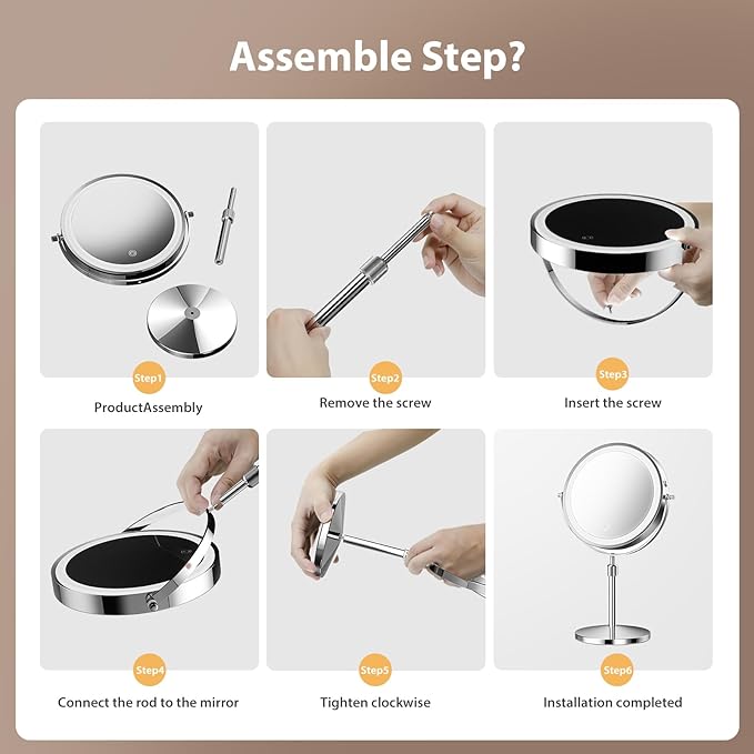 Makeup Mirror, 1X/30X Double Sided Magnifying Mirror/Switch with 3 Colors, 3200 mAh Rechargeable, 8" Lighted Makeup Mirror with Magnification, Adjustable Brightness, for Vanity or Bathroom