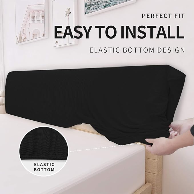 Easy-Going Stretch Bed Headboard Cover,Small Square Jacquard Headboard Slipcover, Dustproof Bed Head Cover for Bedroom (Queen,Black)