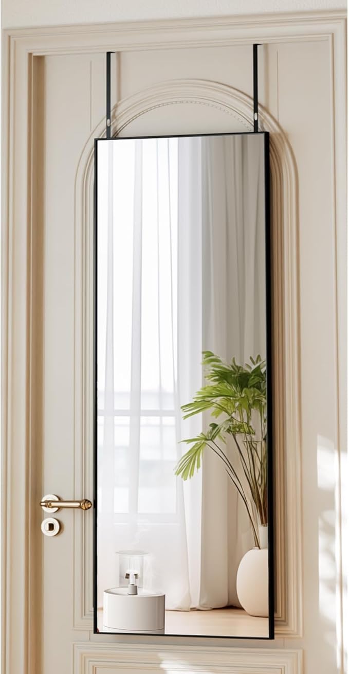VooBang 14" x 48" Adjustable Height Over The Door Mirror - Rectangular Full Length Hanging Door Mirror with Shatterproof Tempered Glass Black Metal Frame for Dormitory