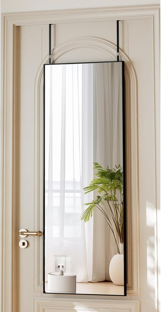 VooBang 14" x 48" Adjustable Height Over The Door Mirror - Rectangular Full Length Hanging Door Mirror with Shatterproof Tempered Glass Black Metal Frame for Dormitory