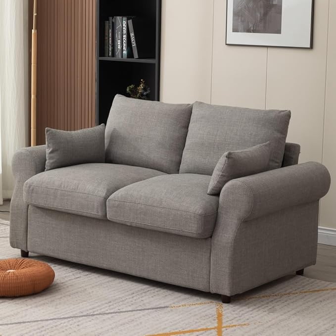 Panana Modern 2 and 3 Seats Loveseat Sofa Couch with Storage, Small Love Seat Couches for Living Room, Bedroom, Apartment, Office (Light Gray Linen Fabric, Scroll Arm - 2 Seater)