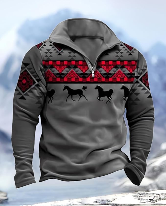 Western Sweatshirts for Men Aztec Cowboy Vintage Graphic Fleece Hoodie Mens Quarter Zip Pullover Country Jacket