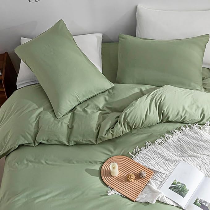 JELLYMONI Light Green Duvet Cover Full Size - 100% Washed Cotton Linen Like Textured Comforter Cover, 3 Pieces Breathable Soft Bedding Set with Zipper Closure (Light Green, Full 80"x90")