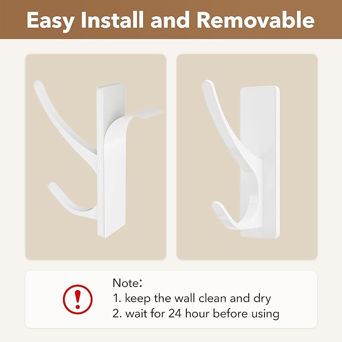 pickpiff White Self Adhesive Coat Hooks for Hanging, Heavy Duty Stainless Double Wall Hook for Towel, Backpack, Hat, Sturdy Metal Hanger for Bathroom, Bedroom, Door, Wall Mounted, 4-Pack
