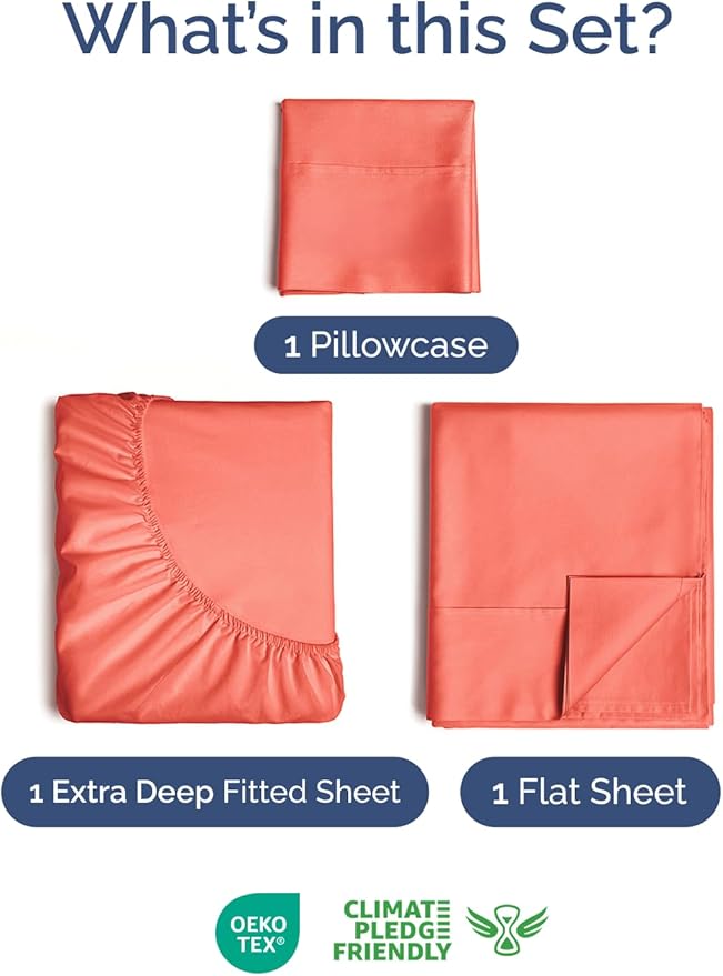 Extra Deep Pocket Twin XL Sheets - 3 Piece Breathable & Cooling Bed Sheets - Hotel Luxury Bed Sheet Set - Soft, Wrinkle Free & Comfy - Easily Fits Extra Deep Mattresses - Deep Pocket Coral Sheets Set