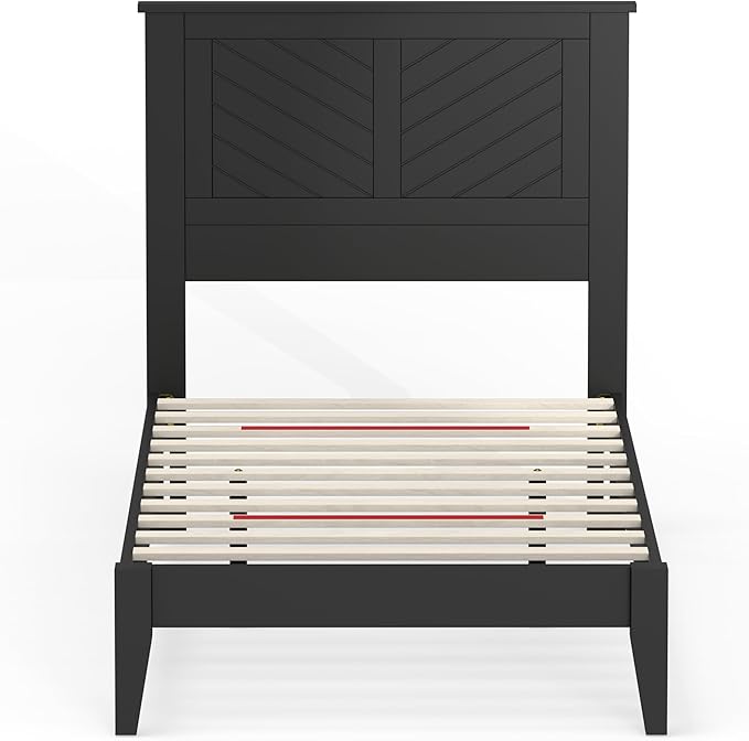 Serene Farmhouse Style Wood Bed in Twin Size with Chevron Scoring Headboard, Coastal Modern Design, Sturdy, Easy Assembly, Ample Underbed Storage, Black Finish