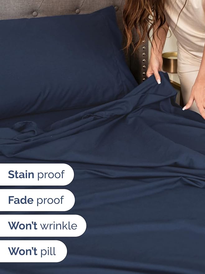 Extra Deep Pocket Cal King Sheets - 4 Piece Breathable & Cooling Bed Sheets - Hotel Luxury Bed Sheet Set - Soft, Wrinkle Free & Comfy - Easily Fits Extra Deep Mattresses - Deep Pocket Navy Blue Sheets