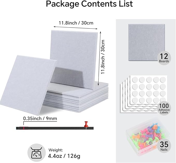 Felt Wall Panels 48x36 Inches 12-Pack Felt Wall Tiles, Wall Mounted Message Board Decorative Memo Board for Home Office Kids Room (Moonlight Gray)