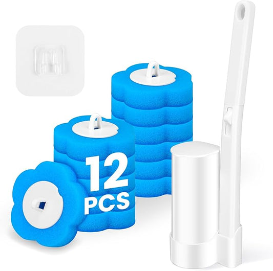 KOKL Disposable Toilet Brush, Toilte Wand Kit, Toilet Bowl Cleaner Brush with 12 Wand Refills, Toilet Cleaning Supplies, Toilet Brush and Storage Caddy, Toilet Cleaning System for Bathroom Maintenance