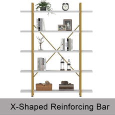 HSH 5 Tier White and Gold Bookshelf, Tall Storage Bookshelves for Bedroom Living Room Office, Metal and Wood Large Book Shelves, Modern Vertical 5 Shelf Bookcase, Farmhouse Big Open Display Book Shelf