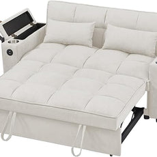 65'' Convertible Sleeper Sofa Bed with Pull-Out Design, 3-in-1 Modern Chenille Fabric Couch with 360° Swivel Side Table, Queen Size, Easy Assembly, for Living Room, White