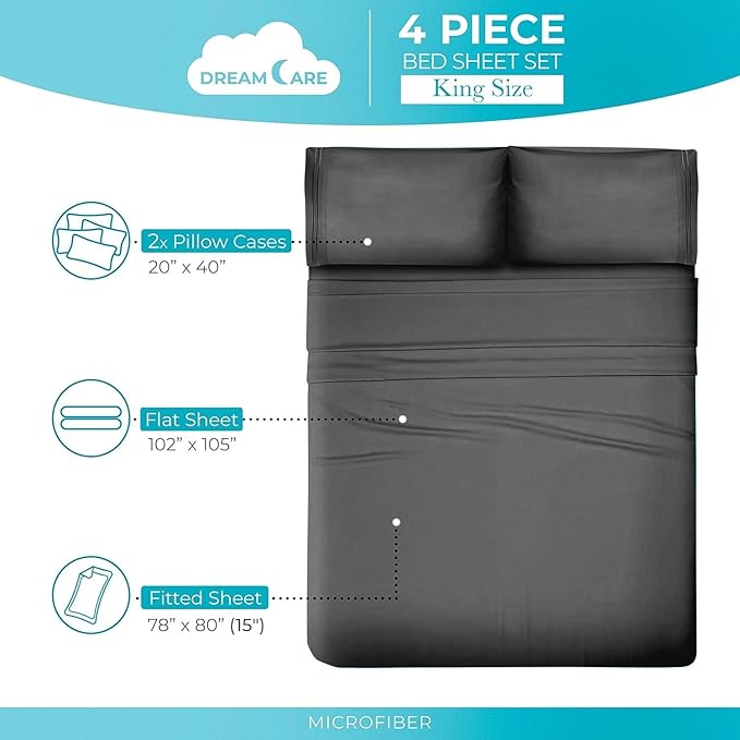 DREAMCARE King Size Sheets Set - Cooling Bed Sheets - 4pcs Set - up to 15" Deep Pocket King Sheet Set – Soft & Long Lasting Cooling - 100% Fine Brushed Polyester with Side Pocket - Dark Gray DREAMCARE