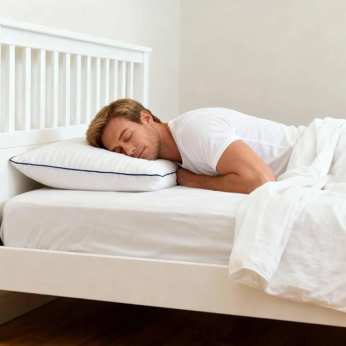 Thin Flat Bed Pillows Queen Size Set of 2 Pack for Sleeping, Squishy Fluffy Pillow for Stomach Back Sleeper, Hypoallergenic Machine Washable White Striped 20x30 inches