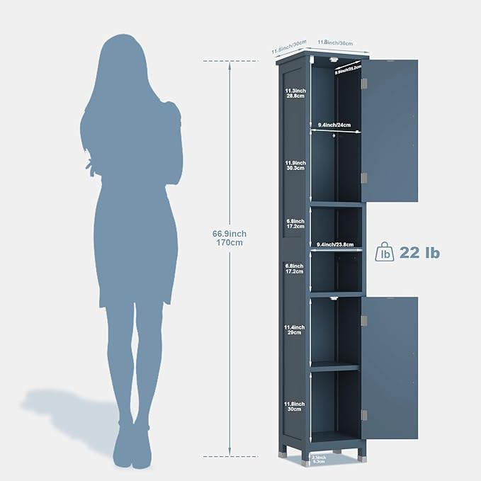 67" Tall Bathroom Storage Cabinet with Lights, Slim Narrow Bathroom Cabinet Organizer with Doors and Adjustable Shelves, Tall Cabinet for Small Space (66.9" Tall-Blue with Light, 1 Pack)