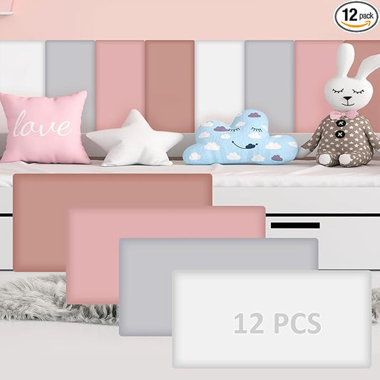 12 Pack Wall Padding for Playroom Peel and Stick Headboard 15.75" x 7.87" x 1.18" 3D Anti Collision Upholstered Wall Panels Self Adhesive Headboard Panel for Protection (Pink Colors)