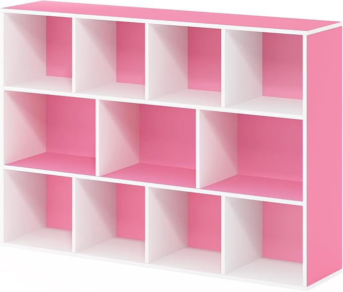 Furinno LUDER Book Shelf, 11-Cube Bookshelf, Reversible Bookcase, 9.4 x 29.1 x 41.7, for Living Room, Bedroom, Home Office, White/Pink