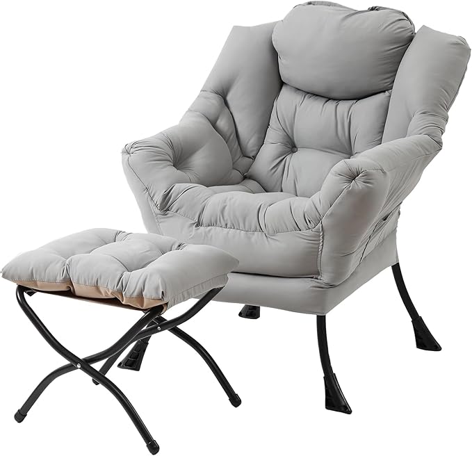 Lazy Chair with Folding Ottoman, Modern Accent Lounge Armchair with Armrests and a Side Pocket & Foldable Footstool, Leisure Reading Chair for Living Room, Bedroom, Dorm & Office, Light Grey