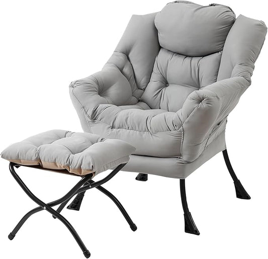 Lazy Chair with Folding Ottoman, Modern Accent Lounge Armchair with Armrests and a Side Pocket & Foldable Footstool, Leisure Reading Chair for Living Room, Bedroom, Dorm & Office, Light Grey