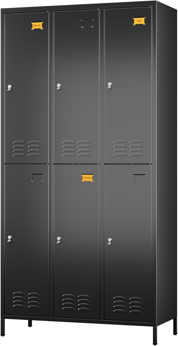 Aobabo Upgraded Metal Storage Locker for Employees, 6 Doors Metal Lockers Cabinet with Lock and Name Card Slot, Industrial Storage with 18 Hooks, for Office Gym, Assembly Required, Black
