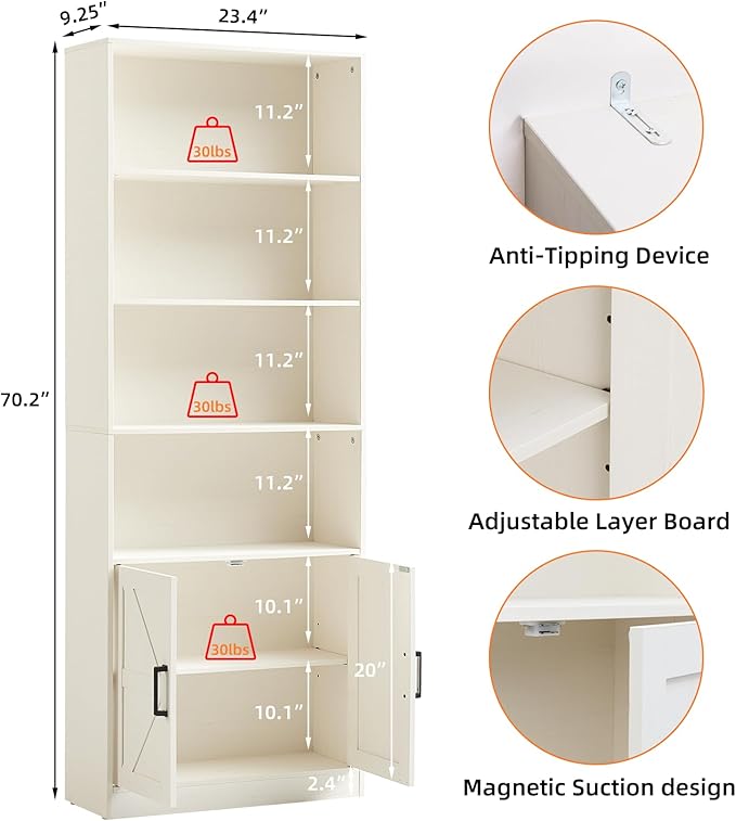 70in Tall Bookshelf 6 Tier Bookcase with Barn Doors and Adjustable Shelf, White Farmhouse Book Shelves with Storage Cabinet,Wood Floorstanding Display Bookshelve for Bedroom,Living Room,2 Piece